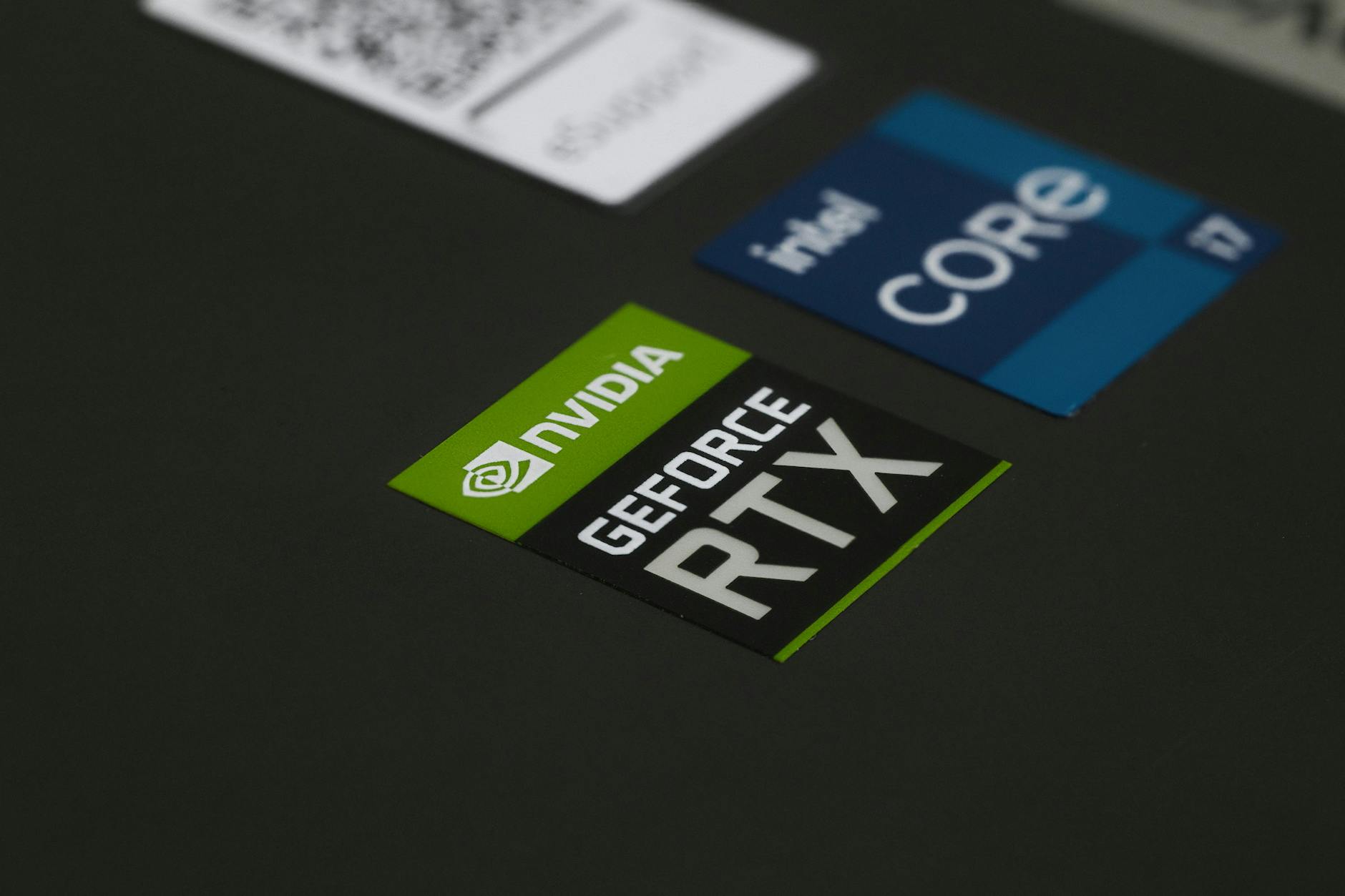 close up of geforce rtx and intel core stickers